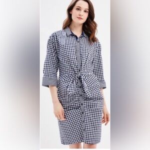 Gap Sarah Jessica Parker Blue White Cotton Gingham Shirt Dress Waist Detail XS
